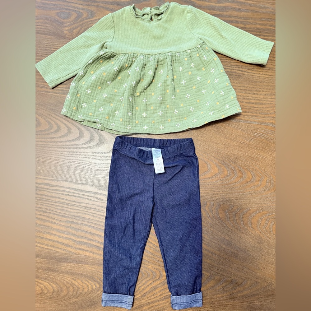 Green Floral Baby Dress with Navy Leggings